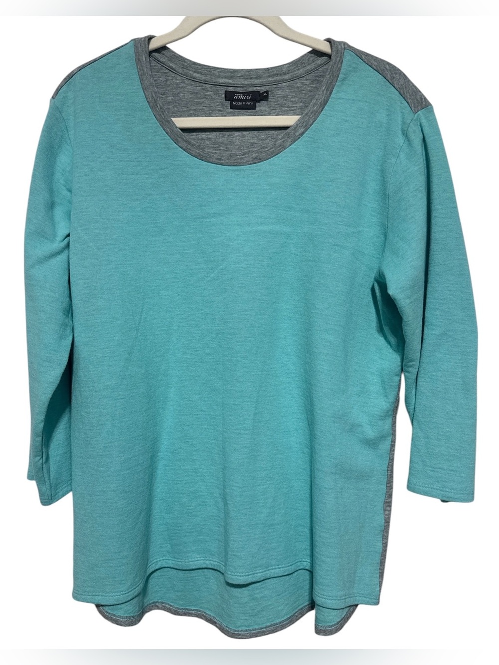 Pure Amici Color Block Top XL | Aqua & Gray 3/4 Sleeve Cotton Blend